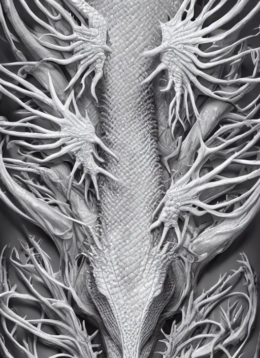 Image similar to portrait of a white dragon with translucent skin, visible muscles and veins and arteries and bones and spines and nerves, beautiful detailed intricate insanely detailed octane render, 8k artistic photography, photorealistic, chiaroscuro, by David Cronenberg, Raphael, Caravaggio