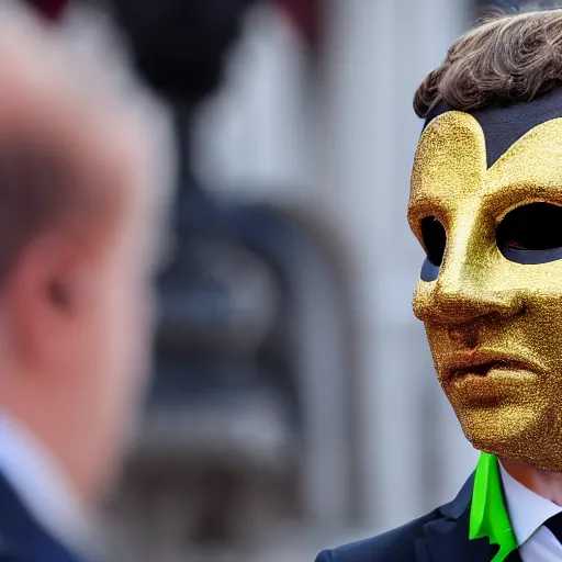 Image similar to Emmanuel Macron in Venice wearing a carnival mask , 150mm photography, high quality, 4K