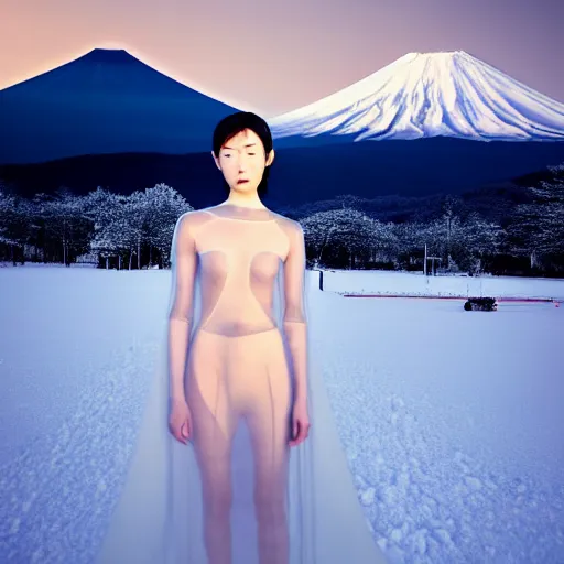 Image similar to a instax photo of fuji mountain, a tall japanese girl in a transparent sheer fabric dress against the background of fuji mountain, severe snow, full body shot, perfect symmetrical body, perfect symmetrical face, coherent symmetrical eyes, by peter kemp, by monia merlo, hyperrealistic, hyperdetailed, octane render, 8 k