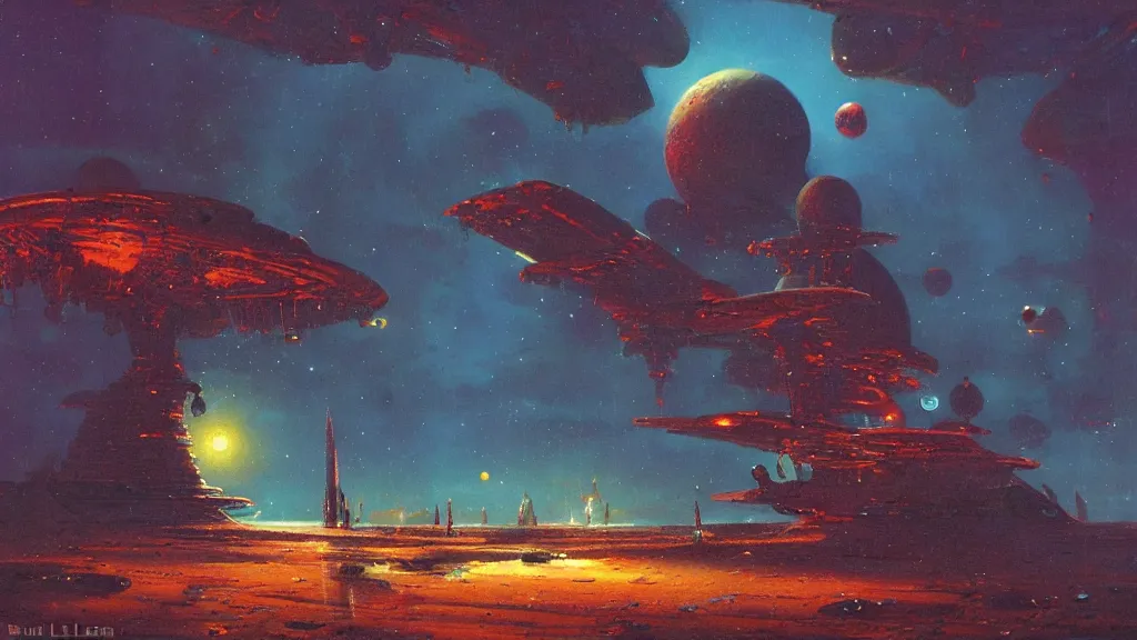 Prompt: a tall spaceship landing on a strange eerie alien planet by Paul Lehr and Bruce Pennington