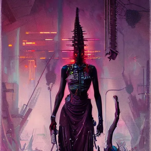 Prompt: cyberpunk voodoo by greg rutkowski and android jones, oil on canvaS, afrofuturism, death tarot, synthwave colorscheme