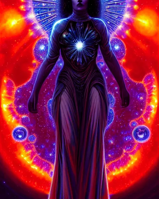 Prompt: beautiful realistic incendiary full front pose portrait of a sensual young sun goddess of the fractal stars, intricate halo of crystals, flame tips, plasma swirls, nebulas, solar flares, stardust, art by kilian eng, artgerm, greg rutkowski and h. r. giger, gothic, neo - gothic, ornamental, beautiful vivid colors