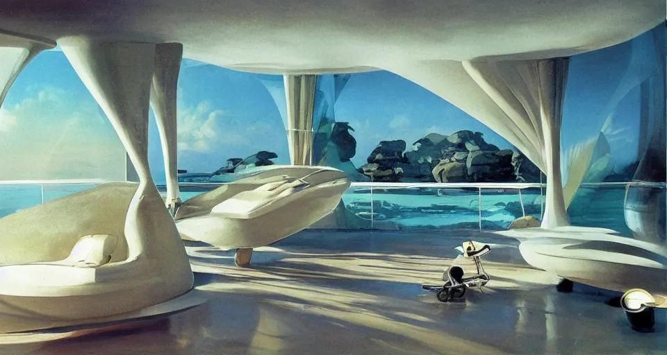 Image similar to nacre seashell house, atmospheric cinematography by syd mead