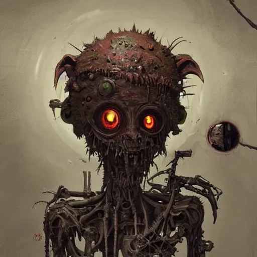 Image similar to ragged cyborg goblin with maniacal expression and bulging eyes inside byzantine hong kong hoarder labaratory, portrait by by greg rutkowski and h. r. giger and stalenhag and deak ferrand, studio ghibli composition