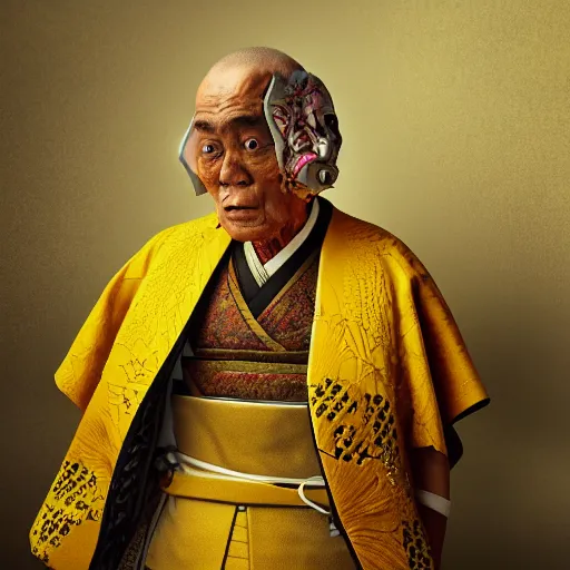 Prompt: old samurai, with vibrant yellow, colors, surreal, a french baroque by alexander mcqueen, hyper detailed, very detailed, photograph, cinematic lighting, photorealistic, octane render, no red background, with red sun in background