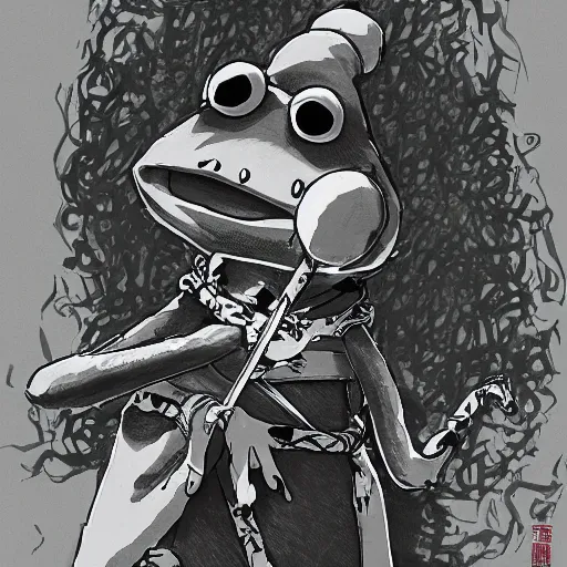 Image similar to Kermit the frog as an anime samurai, style of afro samurai, Key Frame, Top rated of pixiv, High Detail, Medium Shot, Dusk