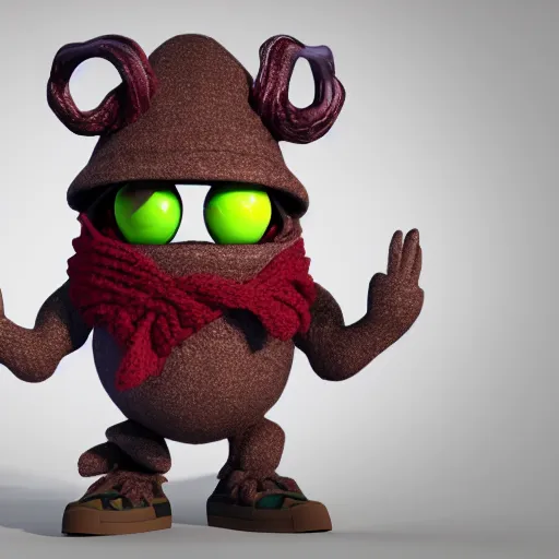 Image similar to a friendly monster wearing a scarf and a pair of vans, 3 d render