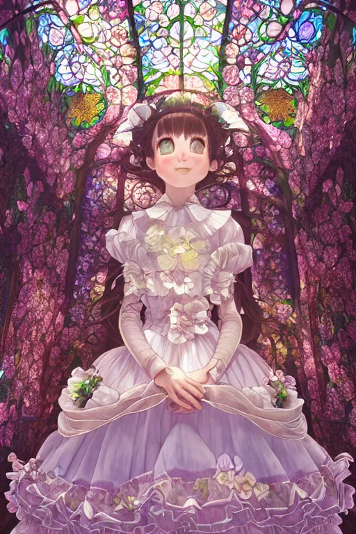 Prompt: a beautiful hyperdetailed physical render of absolutely beautiful princess that wear rose flower wedding gothic lolita dress clothing stay in blooming flower house alone, beutiful symmetry face, cute symmetry eye, dazzling light beam penetrated through the window, perfectly shaded, atmospheric lighting, style of makoto shinkai, raphael lacoste, louis comfort tiffany, artgerm, james jean, ross tran