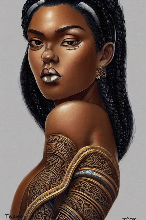 Prompt: A bust of a beautiful black skinned Maori girl with large lips and smooth eyebrows and straight hair, HD, illustration, epic, fantasy, intricate, elegant, amazing detail, digital painting, artstation, concept art, smooth, sharp focus, illustration, art by Turine Tran