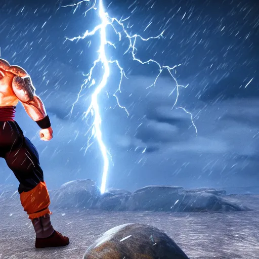 Image similar to full shot of Dwayne Johnson as a warrior style goku super saiyan at moonlight, snowing, lightning bolt, high detail, unreal engine 4k volumetric light, fog,