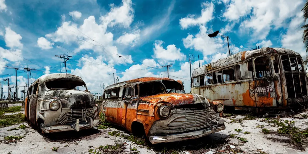 Prompt: wide angle shot of dilapidated fallout 5 miami, tropical coastal city in real life, desolate, dilapidated, some rusted retro futuristic vintage parked vehicles like cars, buses, trucks, trams, sunny weather, few clouds, volumetric lighting, photorealistic, daytime, spring, sharp focus, ultra detailed,