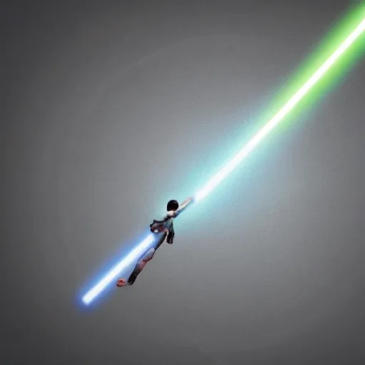 Prompt: a lightsaber flying through a cave lighting up the walls as it spins through