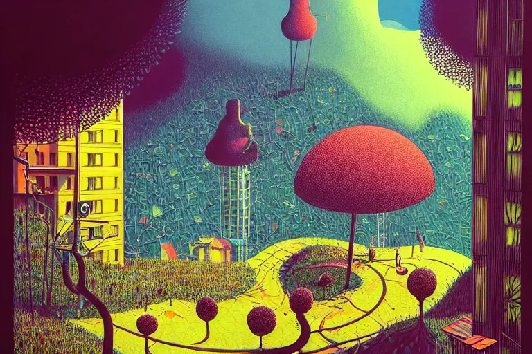 Image similar to surreal glimpse into other universe, hotel genting highland, summer morning, very coherent and colorful high contrast, art by!!!! gediminas pranckevicius!!!!, geof darrow, floralpunk screen printing woodblock, dark shadows, hard lighting, stipple brush technique,