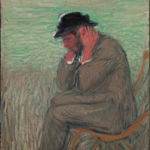 Prompt: an art director pondering his future, in despair, in the style of monet