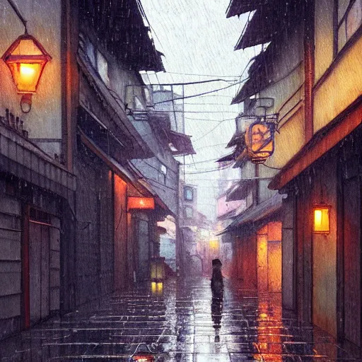 Image similar to a painting of a rain soaked back street in osaka, digital art, trending on artstation, by studio ghibli and greg rutkowski. spirited away. trending on artstation, hyperrealism, unreal engine