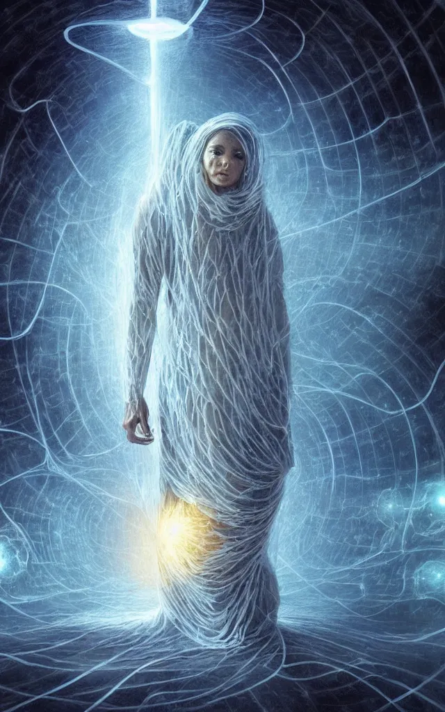 Image similar to human wrapped in a neural network cocoon plugged into spirit machine, perfect future, award winning scifi art