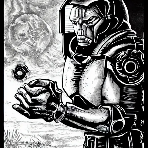 Prompt: Doomguy pondering his Orb by Todd Lockwood