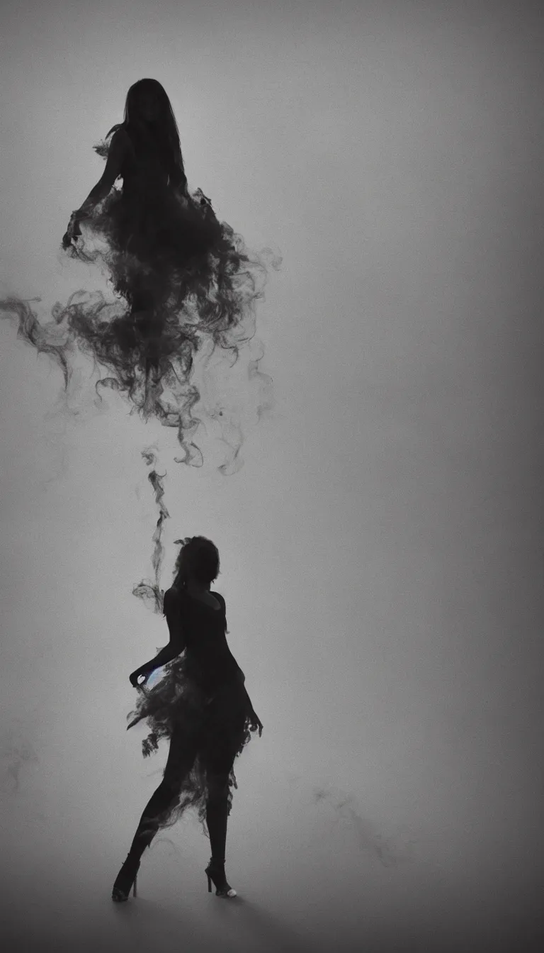 Prompt: black dark fantasy smoke on night field, single girl silhouette, shadow, hyper detailed, vignette, ground, unfocused, realistic