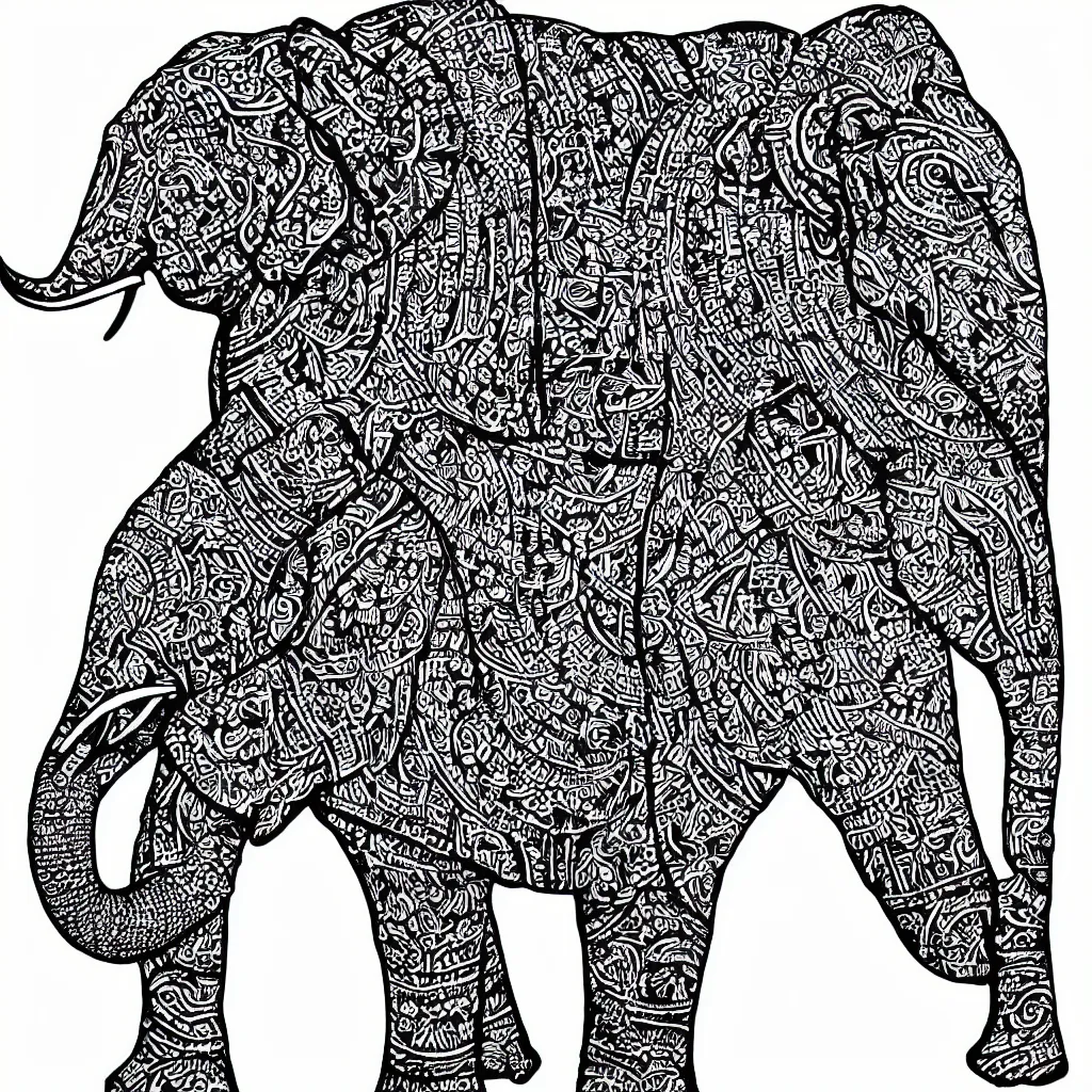 Prompt: block print elephant in the style of strawcastle, black ink on white paper