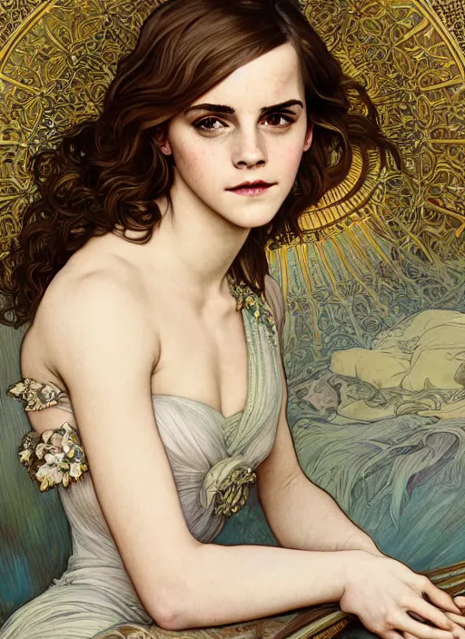 Prompt: Emma Watson as Godness of Sleep, cute, fantasy, intricate, elegant, highly detailed, digital painting, 4k, HDR, concept art, smooth, sharp focus, illustration, art by alphonse mucha,artgerm, H R Giger, beautiful detailed intricate insanely detailed octane render, 8K artistic photography, photorealistic,