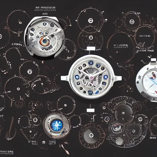 Prompt: exploded view diagram of a watch with all parts labeled, intricate and detailed assembly drawing of a watch, fantasy concept art, hyper realistic illustration, 8 k, artstation