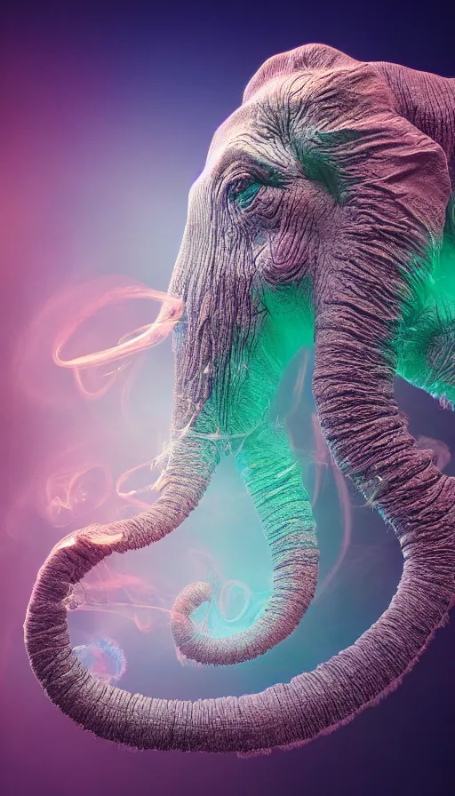 Prompt: 8K UHD Houdini Recursive structure, a fractal elephant, background bioluminescent swirling smoke wisps, natural gradient palette, volumetric lighting, 18 mm lens