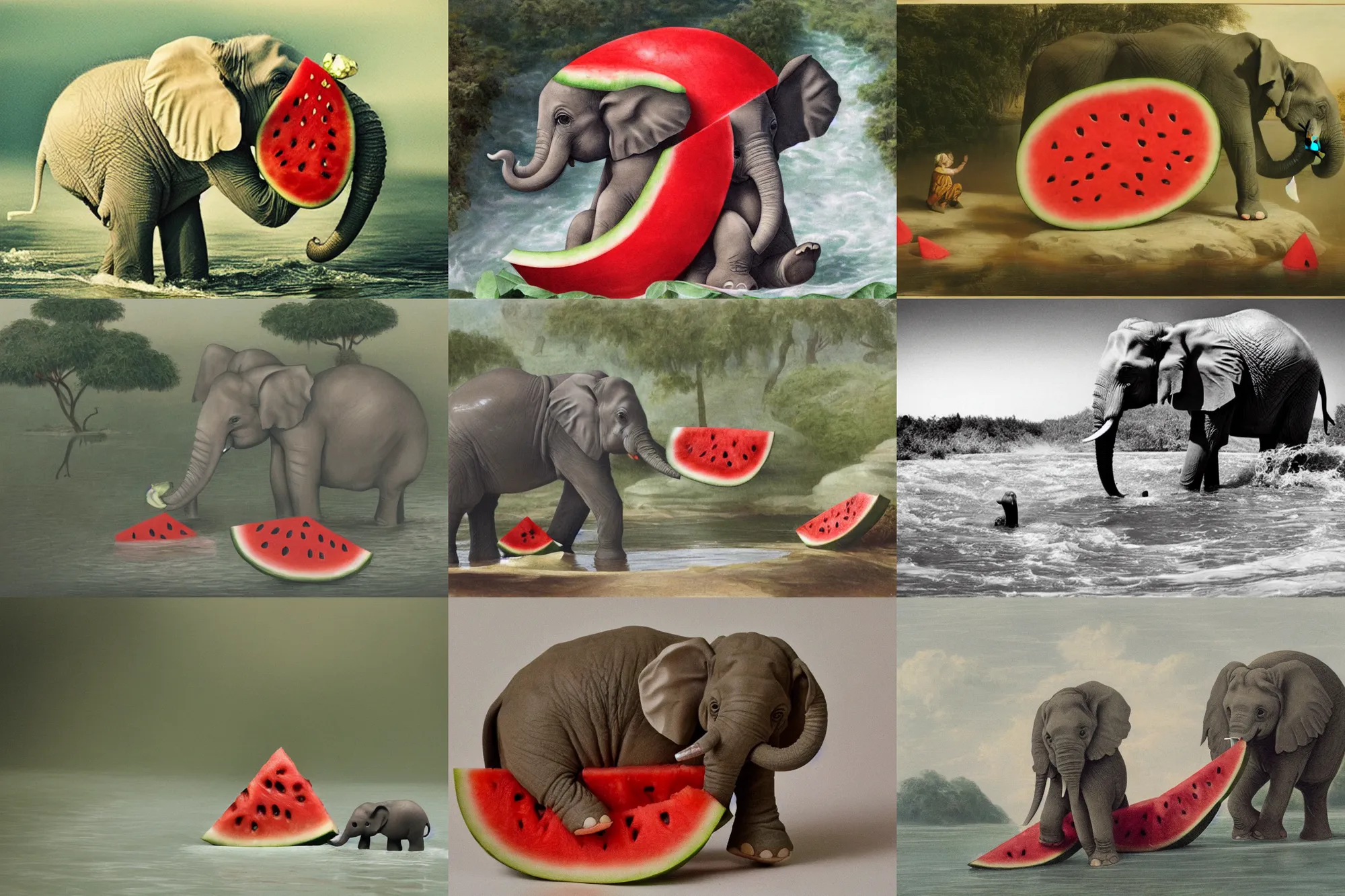 Prompt: a small elephant sits in a watermelon peel and swims in a river of white milk, white water