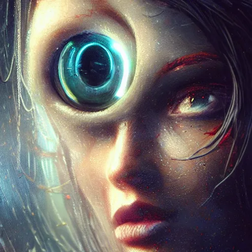 Image similar to neuromancer, closeup portrait of a young beautiful cyberpunk woman, eye implants, sunset, cyberpunk city background, megacity, gorgeous view, depth, painted by seb mckinnon, high detail, digital art, painted by greg rutkowski, trending on artstation