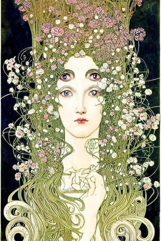 Image similar to centered beautiful detailed front view portrait of a woman with ornate flowers growing around, ornamentation, flowers, elegant, dark and gothic, full frame, art by kay nielsen and walter crane and gustave klimt, illustration style, watercolor