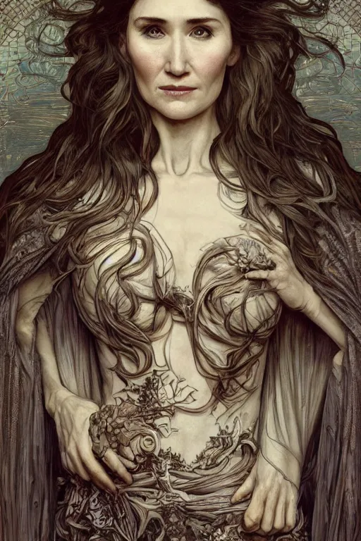 Prompt: carice van houten, anatomy, cute, fantasy, intricate, elegant, highly detailed, digital painting, 4 k, hdr, concept art, smooth, sharp focus, illustration, art by h r giger and alphonse mucha