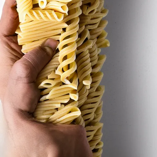 Prompt: long shot photograph of a human made of penne pasta carrying a glock-19, 4k, ultra HD