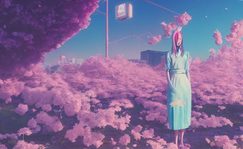 Prompt: queen of cherry blossoms, Low level, rendered by Beeple, Makoto Shinkai, syd meade, simon stålenhag, synthwave style, digital art, unreal engine, WLOP, trending on artstation, 4K UHD image, octane render,