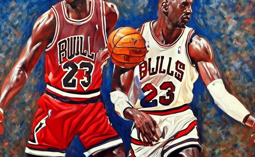 Image similar to beautiful painting of Michael Jordan playing basketball, NBA Finals, oil painting, masterpiece, highly detailed and ultra realistic, trending on artstation