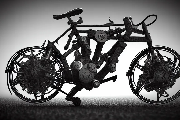 Image similar to man made of bikes, more bike than man, shiney wheels, chrome body, built for speed, 3 5 mm close up photo, in the style of hans ruedi giger, 8 k, octane render, magnificent