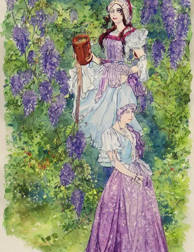 Image similar to middle eastern queen of the wisteria springs, wearing a lolita dress. this heavily stylized watercolor painting by an indie children's book illustrator has an interesting color scheme, plenty of details and impeccable lighting.