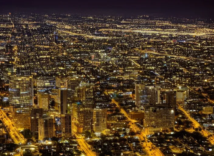 Image similar to a sprawling building complex in los angeles at night. photo by james cameron