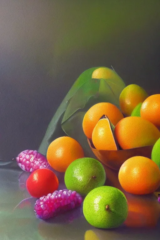 Image similar to A beautiful still life oil painting of tropical fruits lying on a silk cloth, fog, volumetric lighting, summer, hyperrealistic, colorful, hyperdetailed.