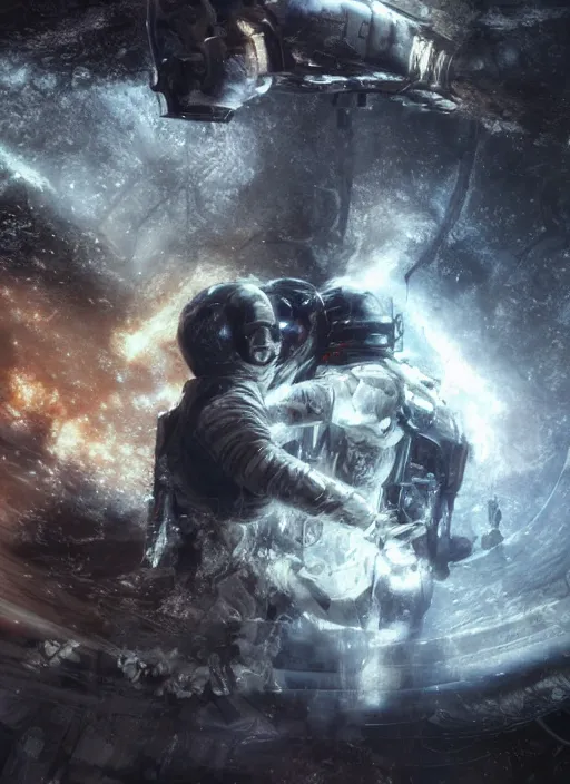 Image similar to concept art by craig mullins infrared complex and hyperdetailed astronauts hugging in futuristic dark and empty spaceship underwater. reflection and dispersion materials. rays and dispersion of light. volumetric light. 5 0 mm, f / 3 2. noise film photo. flash photography. unreal engine 4, octane render. interstellar movie art