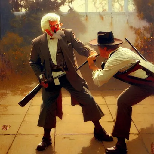 Prompt: colonel sanders with katana fighting donald mcdonald with gun, highly detailed painting by gaston bussiere, craig mullins, j. c. leyendecker, 8 k