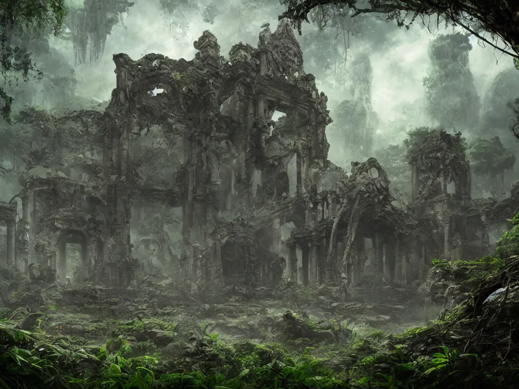 Image similar to hyper realistic photo of an ancient ruined temple of a monster elder god in the jungle, cinematic, rule of thirds, artstation, cgsociety