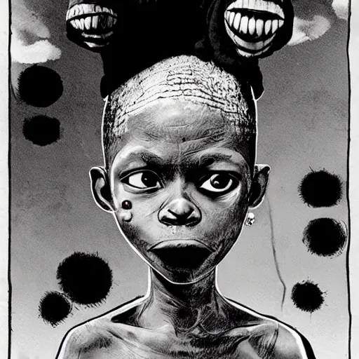 Image similar to an african boy from the movie tank girl, by jamie hewlett and sawoozer and roger ballen,