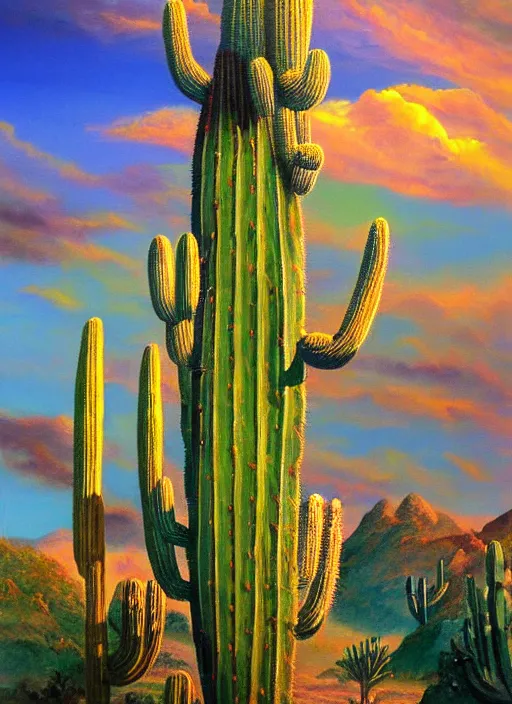 Image similar to a beautiful painting of the san pedro cactus with the face of an old indigenous man in the sky representing its spirit, fantasy art, matte painting