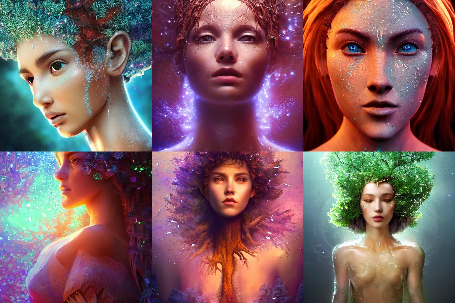 Prompt: a beautiful female human god of trees character, character is in all its glory, character is centered on the image, character is covered in liquid, rim lights, highly detailed professional photo, dynamic lights, particles and crystals are flying, very deep depth of field, trending on artstation, illustration, hyper realistic, vray caustics, super detailed, colorful accents, cinematic shot