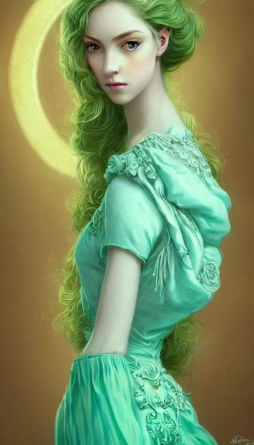 Image similar to Portrait of dreamy and ethereal women with light green eyes wearing mint green ornate frilly dress, peaceful expression, fantasy, intricate, elegant, beautiful, digital art, beautiful dynamic lighting, golden ratio, highly detailed, digital painting, trending on artstation, concept art, smooth, sharp focus, illustration, photo realistic, art by artgerm and greg rutkowski and alphonse mucha 8K