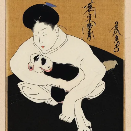 Prompt: tired white pitbull puppy curled up on a japanese man's lap, vintage, art by utamaro