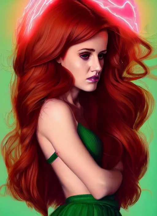 Image similar to full body portrait of teenage cheryl blossom, bangs, green eyes, sultry expression, red hair, sultry smirk, bangs and wavy hair, pink skirt, bangs, intricate, elegant, glowing lights, highly detailed, digital painting, artstation, concept art, smooth, sharp focus, illustration, art by wlop, mars ravelo and greg rutkowski