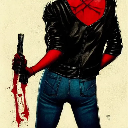 Image similar to Rafael Albuquerque art, Norman Rockwell, pretty Margot Robbie vampire, sharp teeth evil smile, holding handgun, symmetrical face symmetrical eyes, leather jacket, jeans, realistic hands