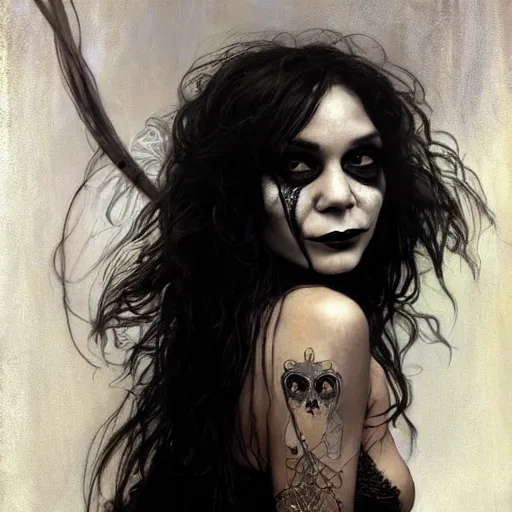 Image similar to beautiful portrait of vanessa hudgens as death from sandman, smiling, by cedric peyravernay, alphonse mucha, by jeremy mann, by lecouffe deharme, goth chic, soft lightning, eyeliner, punk rock, high detailed, 8 k