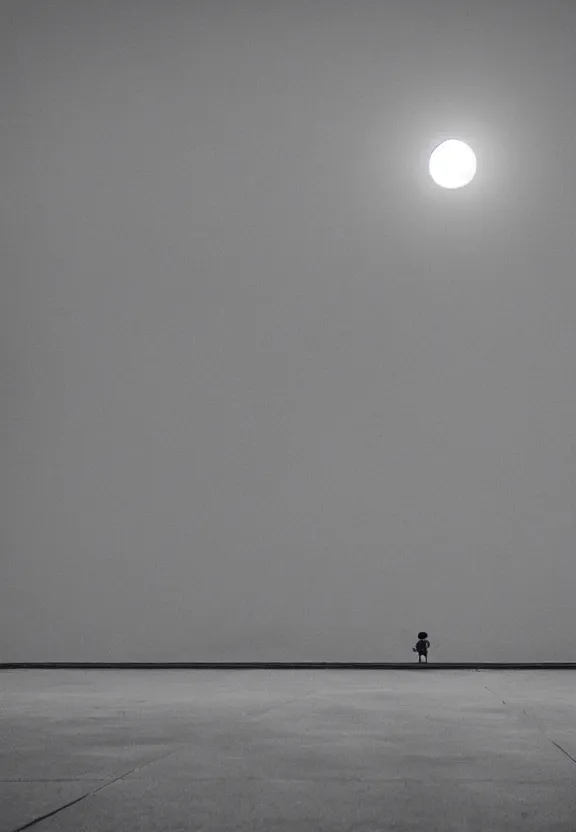 Image similar to little boy standing, holding umbrella in front of playground, at night, full moon, minimalist, black and white artwork, anime style