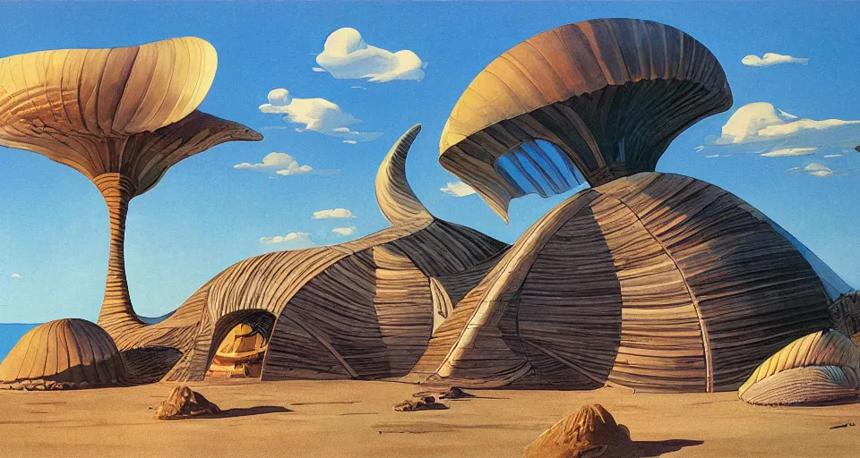 Image similar to a giant seashell house in the middle of nowhere, by syd mead, moebius, j. h. williams iii, triadic color scheme